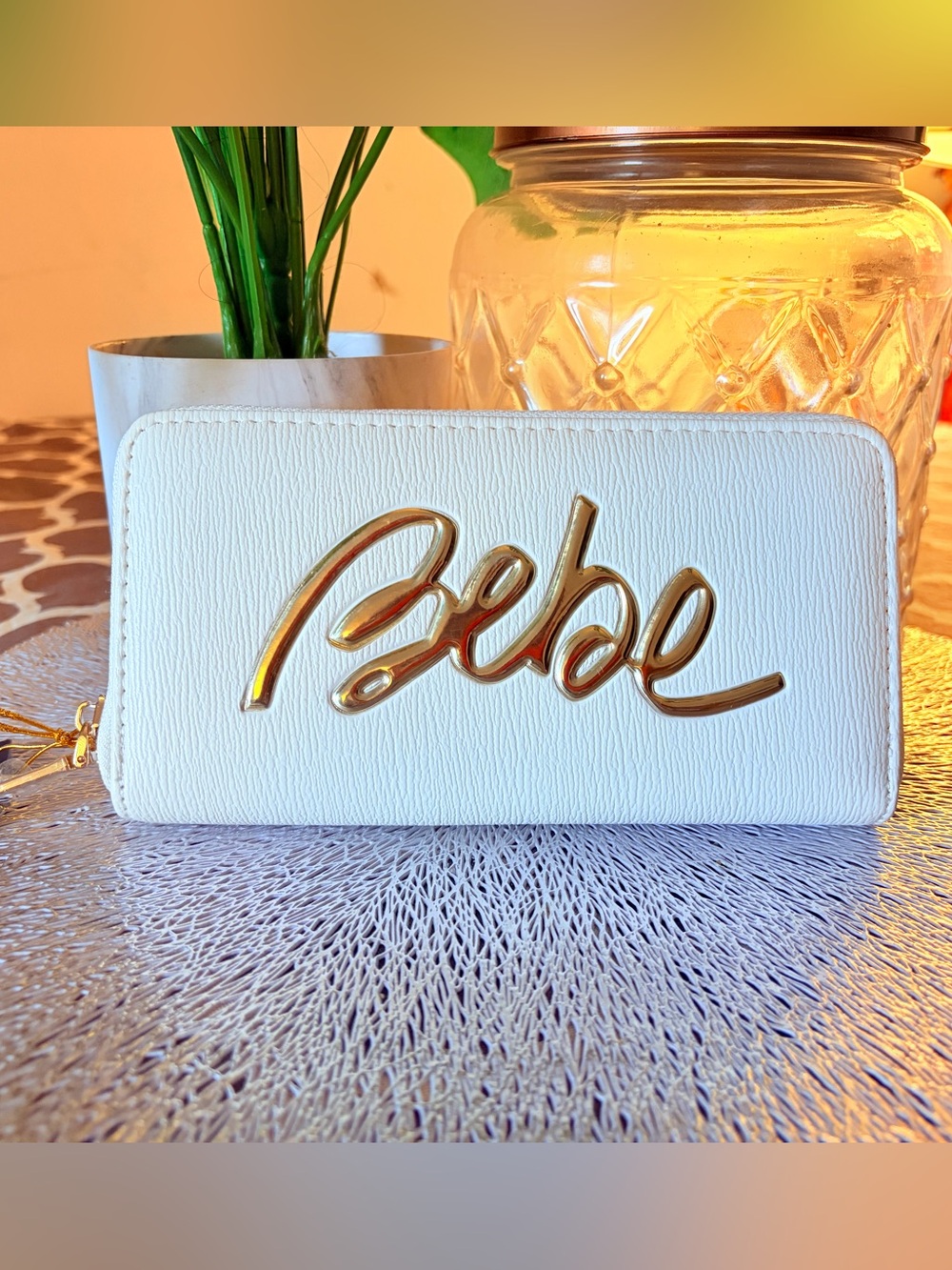 Bebe Gianna Wristlet Wallet Off White Logo Zip-Around